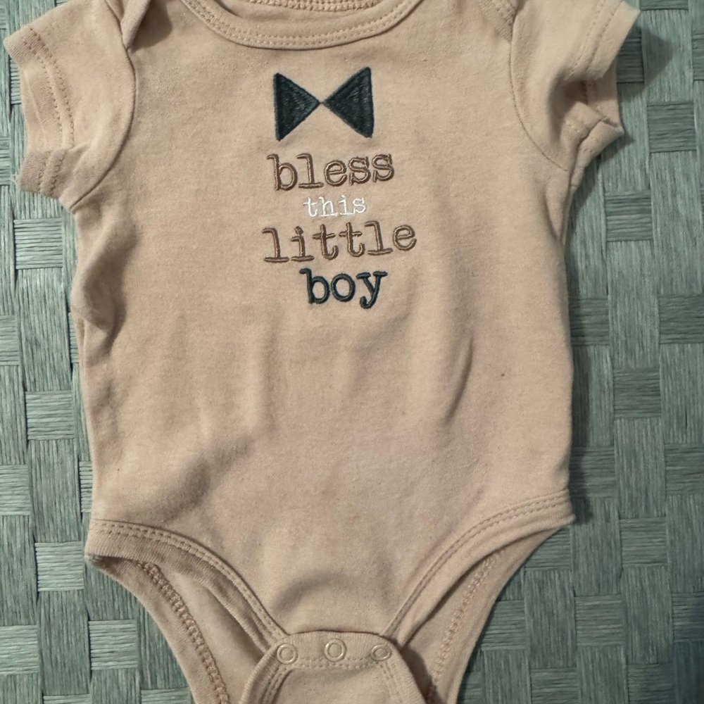 Baby Gear Tan Bodysuit with Bow Tie “Bless This Little Boy” 0-3m